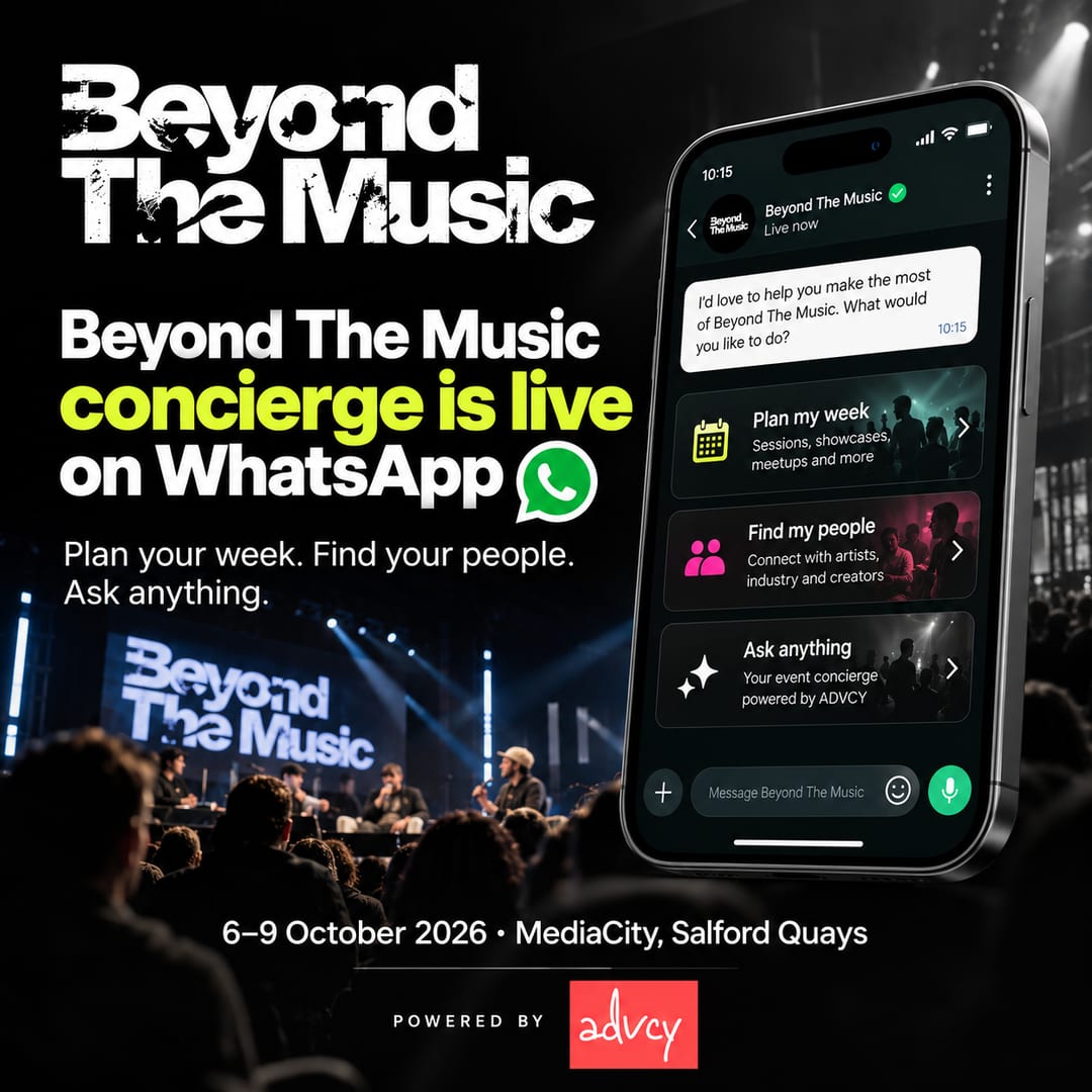 Beyond The Music concierge is live on WhatsApp. A phone shows three options: Plan my week, Find my people and Ask anything.