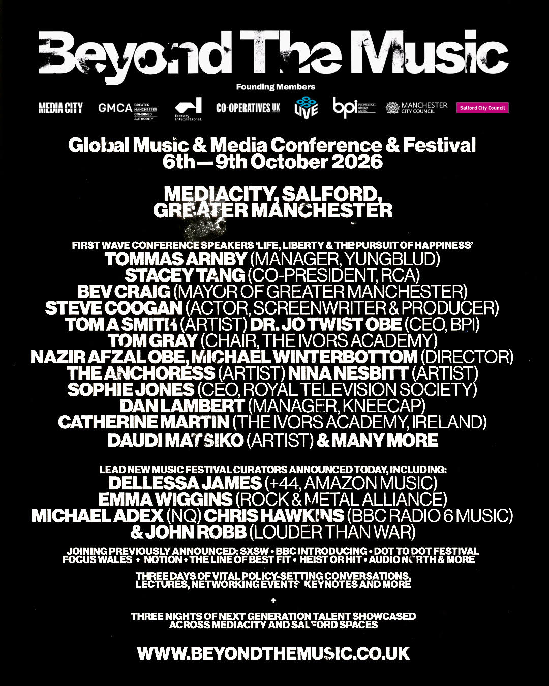 Poster: the first wave of Beyond The Music 2026 conference speakers and lead festival curators, 6th to 9th October, MediaCity, Salford