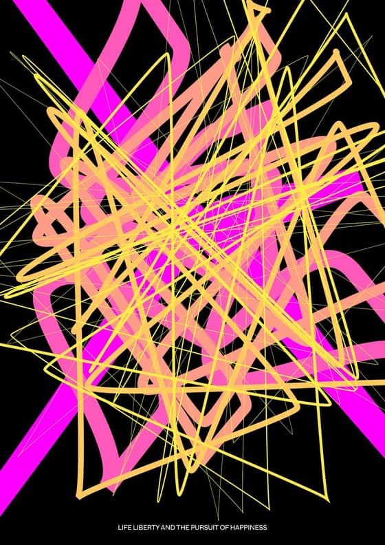 Print 1 of 5, a Peter Saville artwork for the Beyond The Music 2026 programme: a tangle of thick pink and thin yellow looping lines over magenta diagonal bands on black