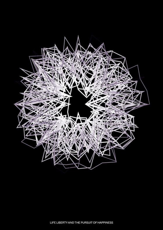 Print 3 of 5, a Peter Saville artwork for the Beyond The Music 2026 programme: a ring of angular white and lilac lines on black