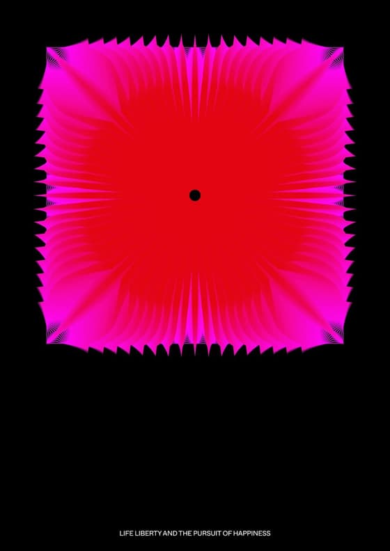 Print 4 of 5, a Peter Saville artwork for the Beyond The Music 2026 programme: a magenta and red starburst square with a black dot at its centre