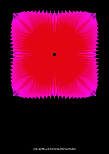 Print 4 of 5, a Peter Saville artwork for the Beyond The Music 2026 programme: a magenta and red starburst square with a black dot at its centre